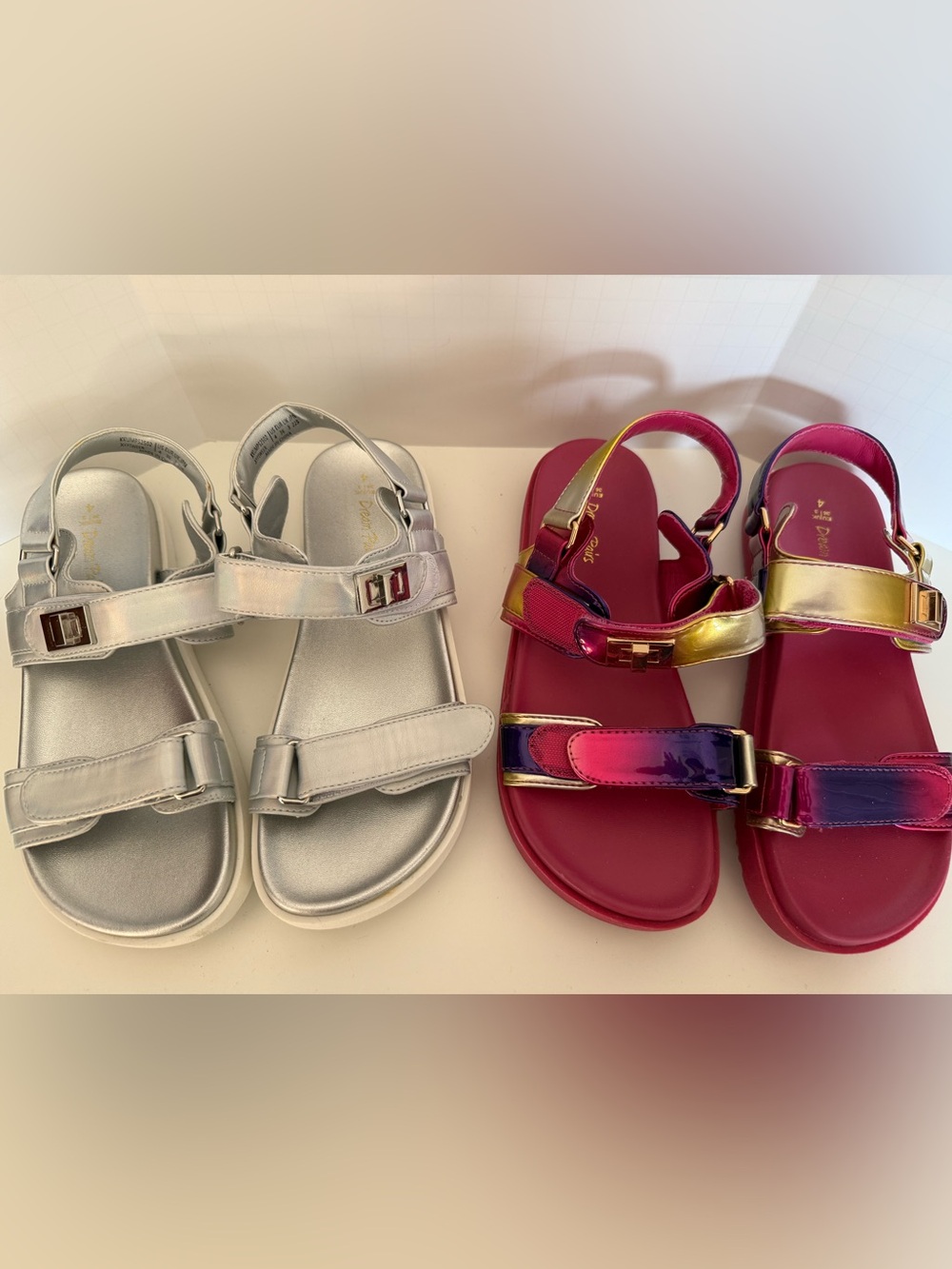Dream Paris Kids Metallic Silver and Pink Multi-Color Adjustable Strap Sandals